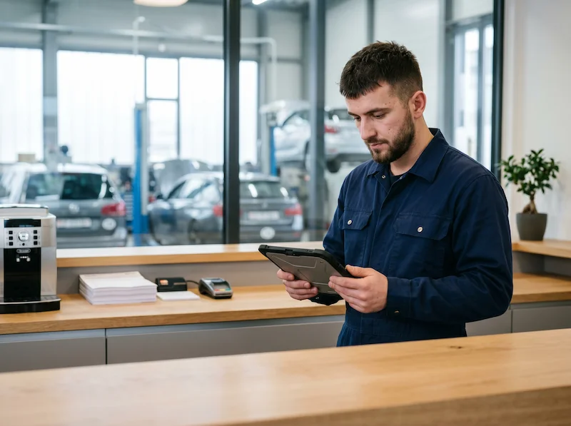Automobilfachmann bei der Arbeit in Schweizer Autowerkstatt