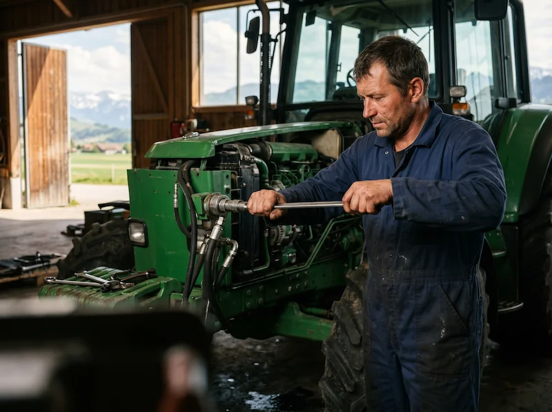 Landmaschinenmechaniker bei der Arbeit in Schweizer Autowerkstatt