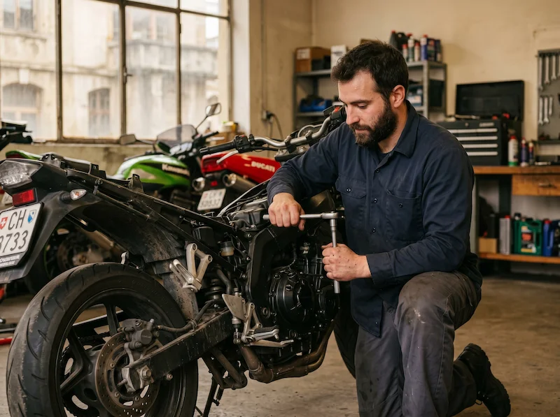 Motorradmechaniker bei der Arbeit in Schweizer Autowerkstatt