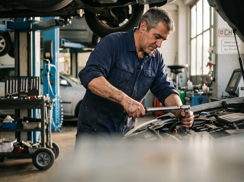 Nutzfahrzeugmechaniker bei der Arbeit in Schweizer Autowerkstatt