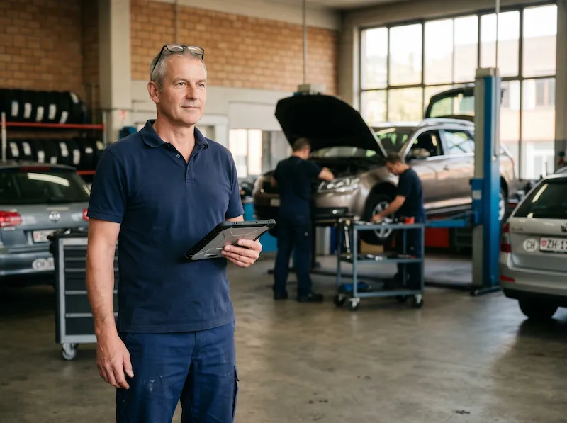 Werkstattleiter bei der Arbeit in Schweizer Autowerkstatt